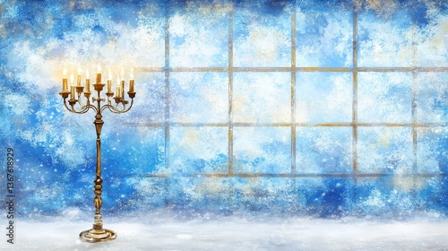 Snowfall, winter, menorah, candles, window, room, holiday, greeting card