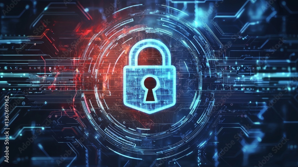 Advanced cybersecurity illustration on a digital network, characterized by a glowing lock symbol, signifies the implementation of high-tech measures for protecting sensitive data