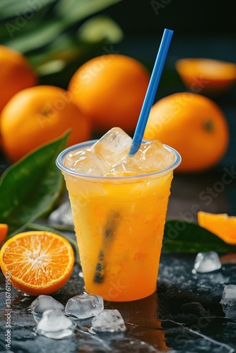 Plastic Cup of Orange Juice with Ice Cubes and Blue Straw on a Black Tabletop, Surrounded by Oranges and Green Leaves, Conveying Vibrant Colors and a Refreshing Feeling