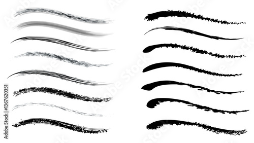 A set of brush strokes, the texture of chalk Hand drawn line chalk brush stroke arrow line set. Vector illustration Chalk crayon underline, check mark, scribble and texture in rough hand sketch style.