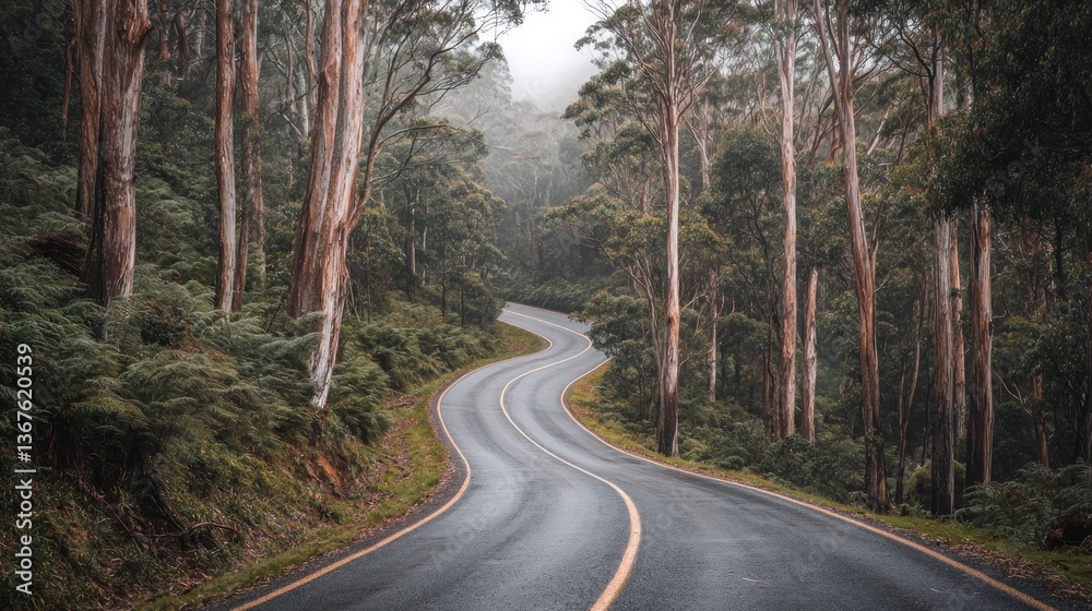 Obraz premium Misty Mountain Road: A Serene Drive Through Lush Australian Forest