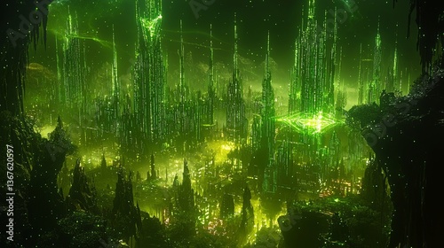 Obraz na płótnie In a presentation for investors, neon green and blue charts hover in mid-air, demonstrating the potential growth and applications of quantum computing across various industries and fields w salonie