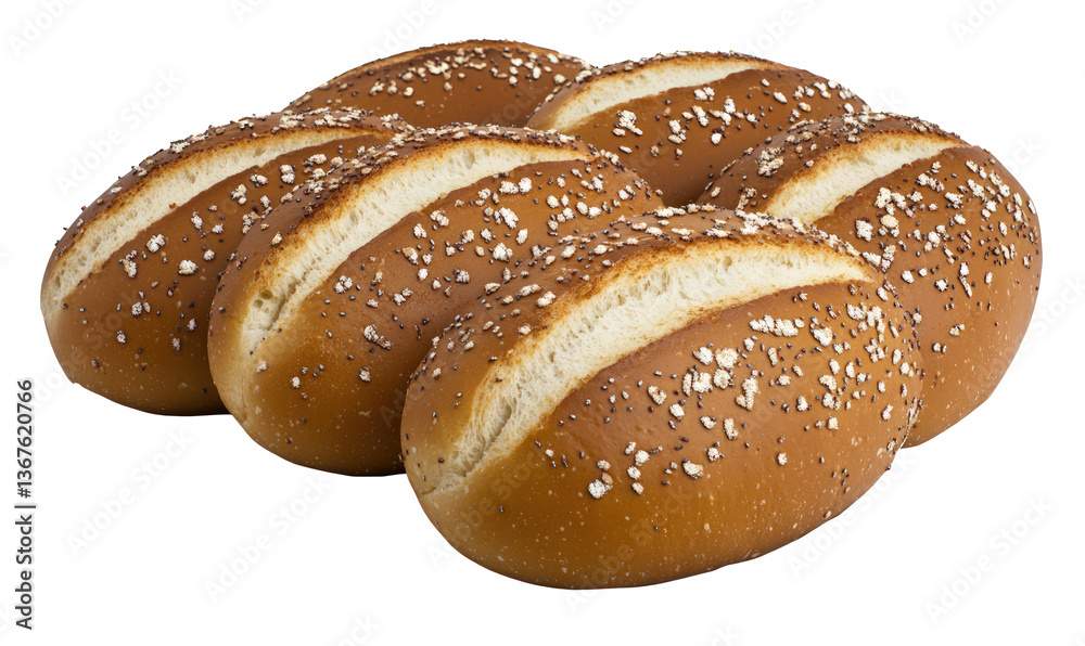 Bread rolls clustered together in a display; food product isolated transparent background Bread rolls clustered together in a display; food product isolated transparent background