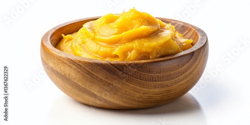 Obraz na płótnie Golden Clarified Butter in Wooden Bowl, Macro Photography, Top View, Copy Space w salonie