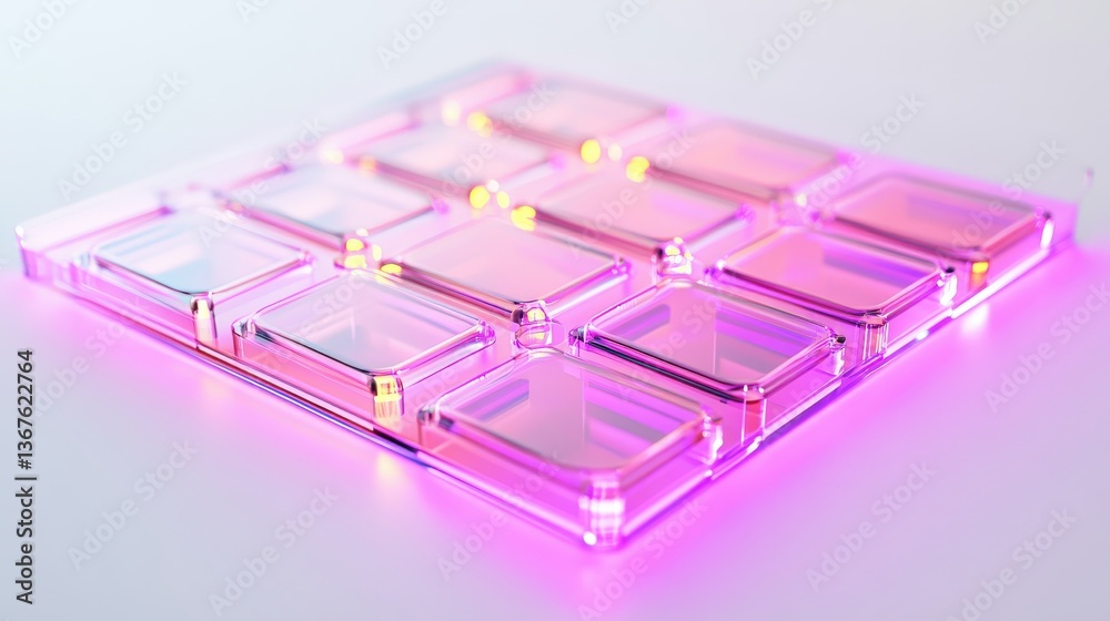 A clear rectangular grid illuminated with vibrant purple and pink light A clear rectangular grid illuminated with vibrant purple and pink light