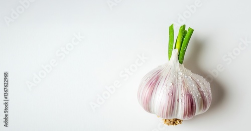 Fresh garlic with water droplets concept. Fresh garlic bulb with green shoots on a light background.