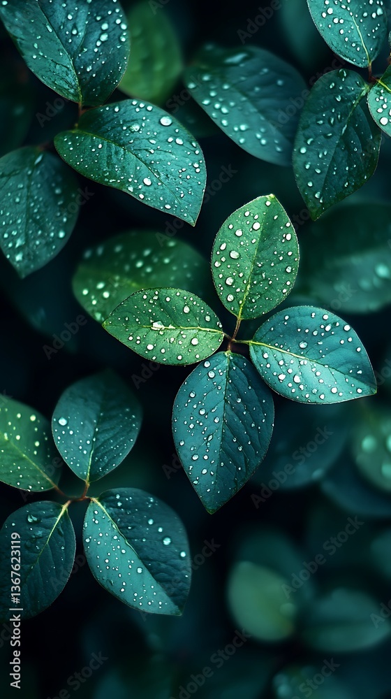 Obraz premium Lush Green Leaves with Water Droplets on Dark Background