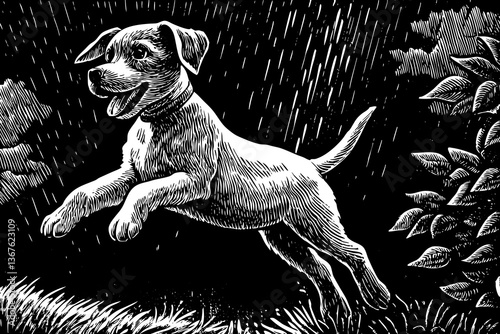 Pure youth crazy dog hand drawn sketch black and white illustration, pet