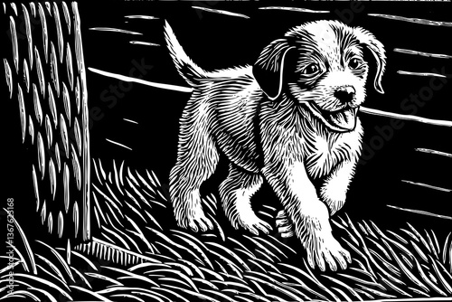 Pure youth crazy dog hand drawn sketch black and white illustration, pet