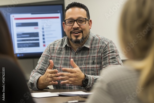 A security awareness trainer is educating employees on cybersecurity best practices while standing in front of a group of employees to give a presentation