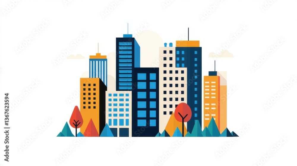 Obraz premium Modern City Skyline Illustration with Colorful Buildings and Trees