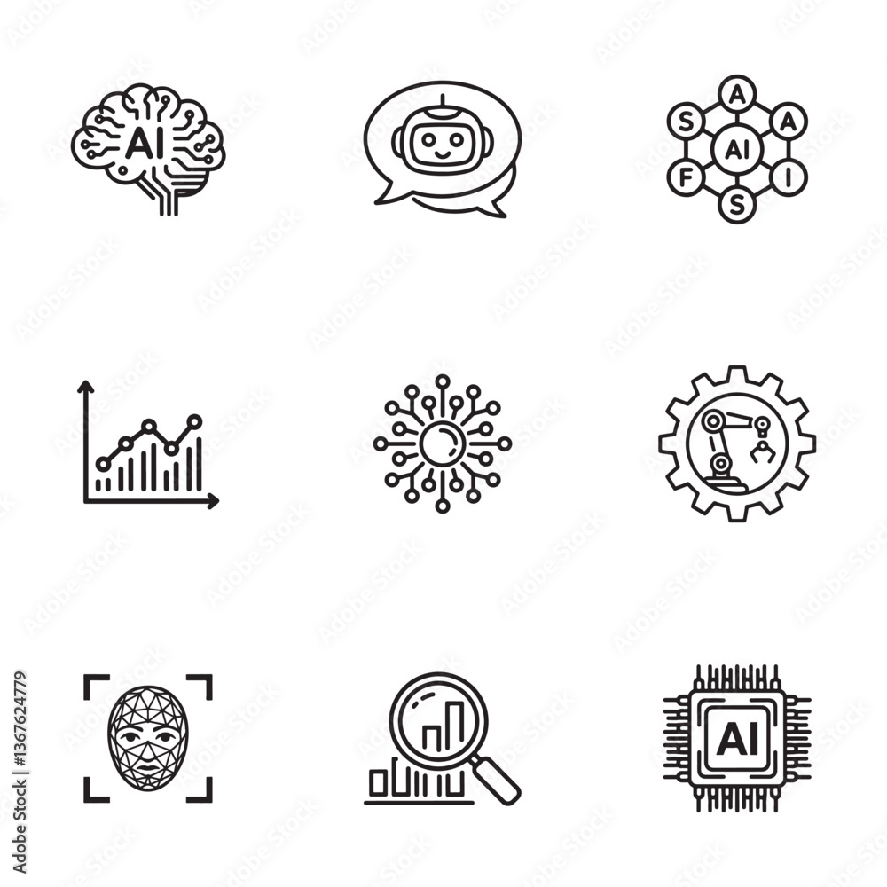 Obraz premium AI and Machine Learning Icons set.