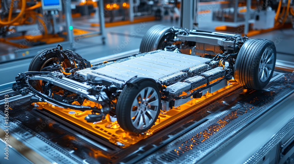 EV Battery Module for Automotive Industry on Production Line. Lithium-ion High-voltage Battery for Electric Vehicle or Hybrid Car. High Capacity Battery on Conveyor. EV Battery Module for Automotive Industry on Production Line. Lithium-ion High-voltage Battery for Electric Vehicle or Hybrid Car. High Capacity Battery on Conveyor.
