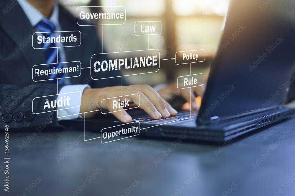 Compliance concept with businessman working on laptop computer to submit a document for meet governance requirement in country to dealing the business Compliance concept with businessman working on laptop computer to submit a document for meet governance requirement in country to dealing the business