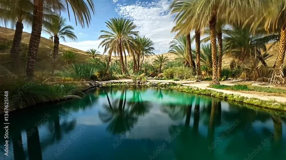 Enchanting oasis: Tranquil turquoise water with Palm trees reflections under sunny blue sky Enchanting oasis: Tranquil turquoise water with Palm trees reflections under sunny blue sky