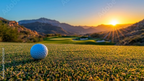 The green fairway is home to a golf ball, with a serene golf course landscape visible in the distance
