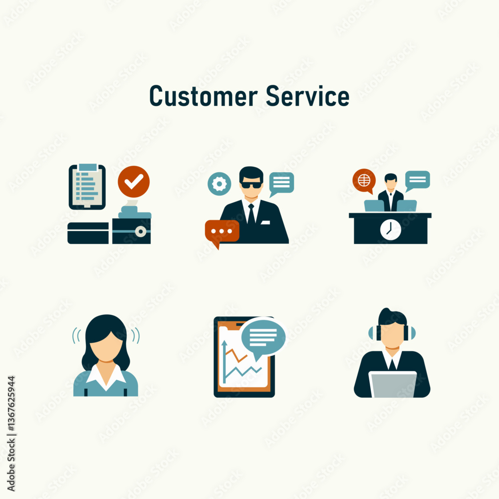 Fototapeta premium A set of 6 bright, vector elements representing customer service and office work