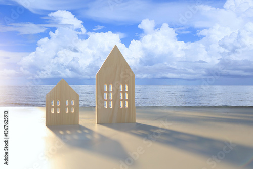 Real estate concept with a wooden house placed by the sea under a bright blue sky on a good day indicates a good quality of life and independence.