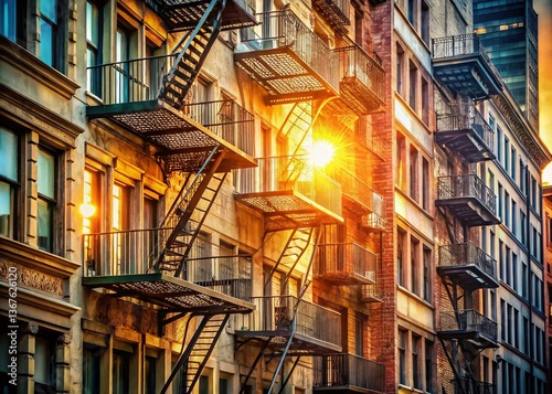 Golden Hour Urban Fire Escape: Vibrant Cityscape Stock Photo