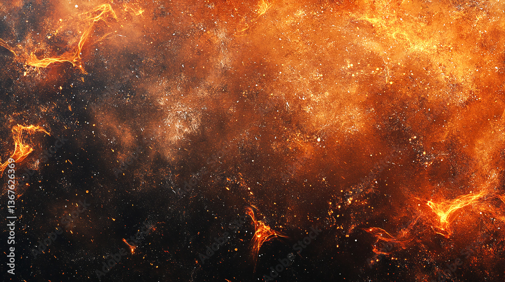 Fototapeta premium A dark brown and orange background texture with small sparks, fire particles, flames, smoke, and sparkles