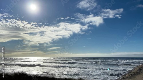 Big waves against a beautiful sky. Beautiful waves on the Portuguese coast. Ocean landscape.
