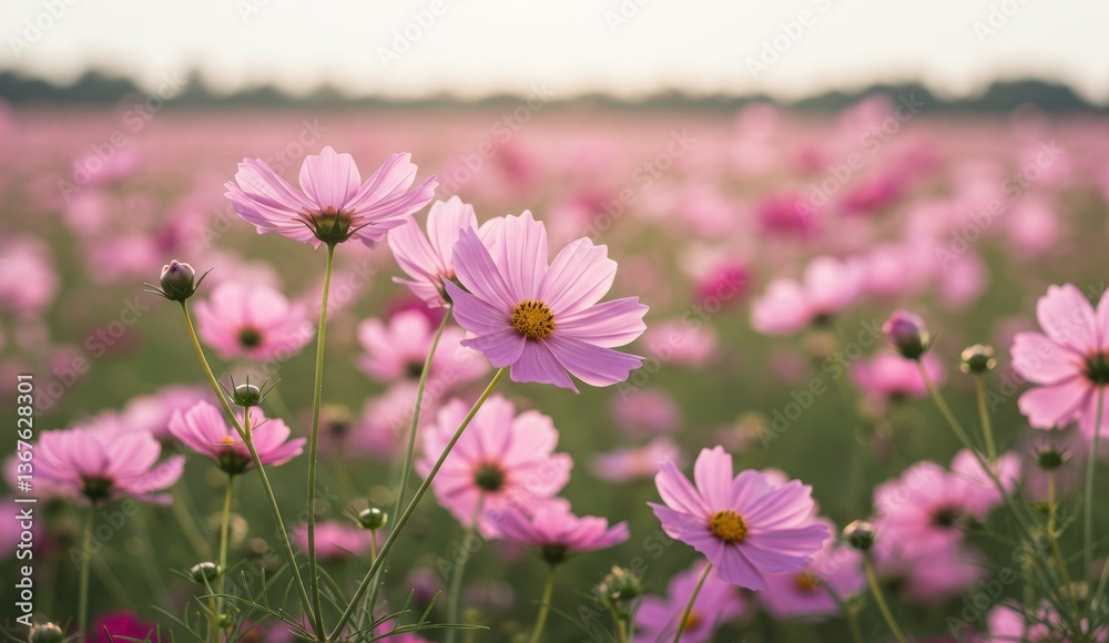 Fototapeta premium Cosmos flowers blooming in a sunny field. Captivating beauty of nature in vibrant colors, featuring tranquility and harmony.