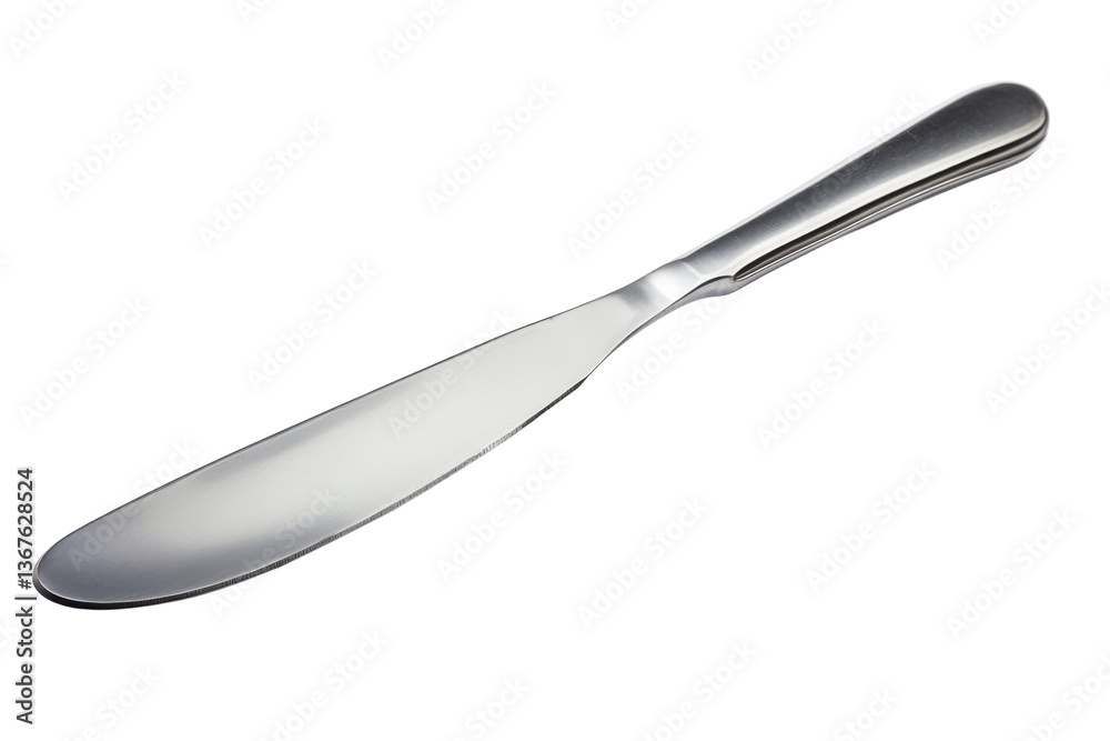 A gleaming stainless steel butter knife resting elegantly on a pristine white background isolated on transparent background A gleaming stainless steel butter knife resting elegantly on a pristine white background isolated on transparent background