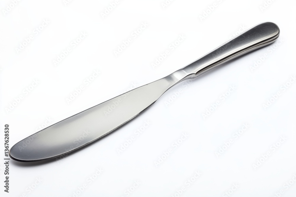 A gleaming stainless steel butter knife resting elegantly on a pristine white background isolated on transparent background A gleaming stainless steel butter knife resting elegantly on a pristine white background isolated on transparent background