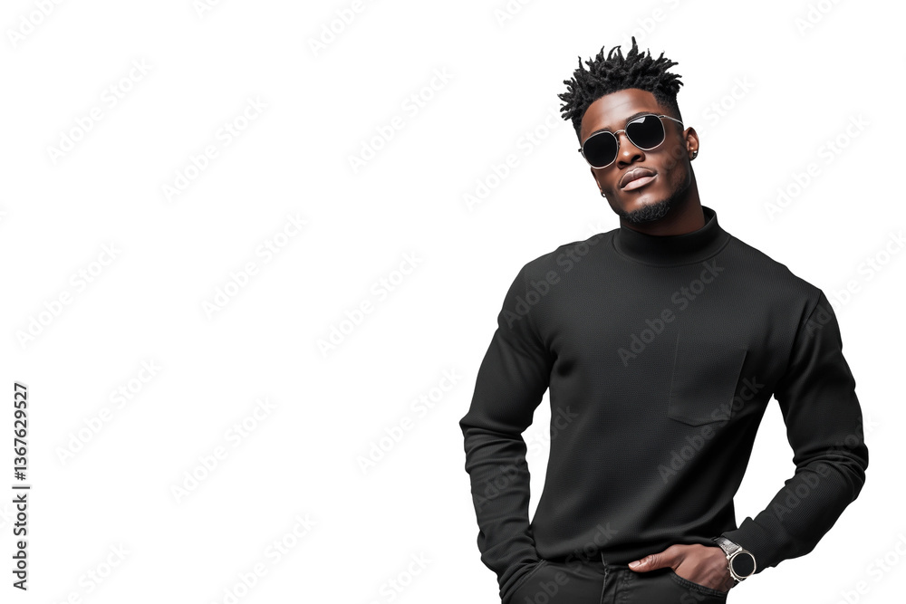 Fototapeta premium Stylischer Mann mit Sonnenbrille in schwarzer Kleidung PNG mit transparentem Hintergrund