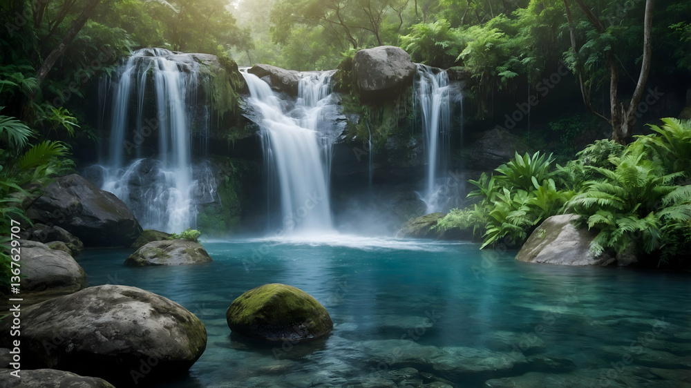 Fototapeta premium Tranquil Waterfall Scenery, A Blank Mockup Design Showcasing the Lush Beauty of a Waterfall Surrounded by Green Foliage and Serene Waters