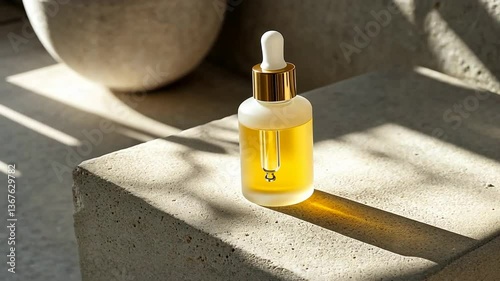 Amber Glass Bottle of Liquid with Dropper on Light Beige Surface