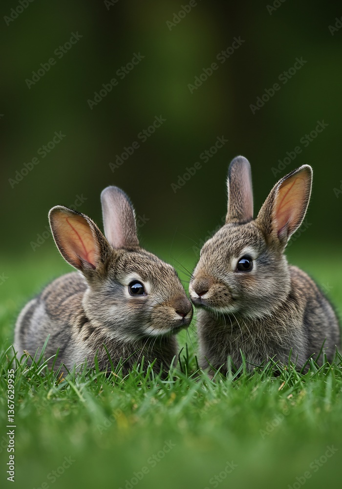 Fototapeta premium Adorable Rabbits Nuzzle Gently Soft Green Grass. AI Generated
