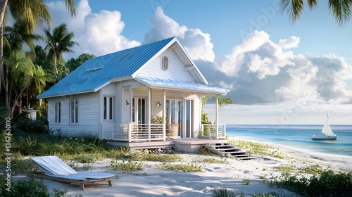 A dreamy beachside cottage with white walls and a blue roof