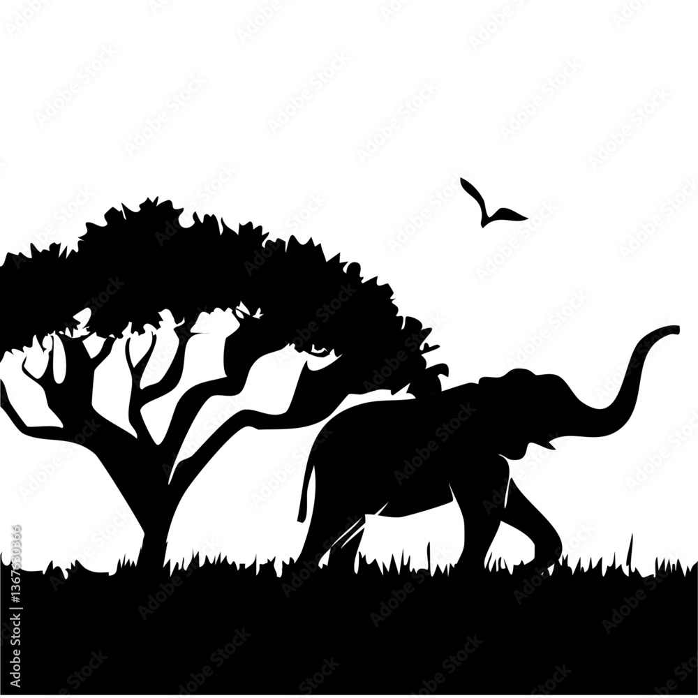 silhouette of a elephant animal in the savannah. African landscape scene vector design