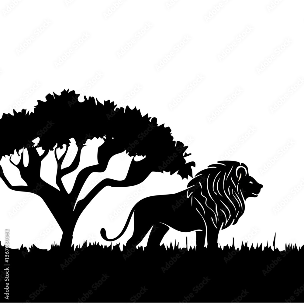 silhouette of a lion animal in the savannah. African landscape scene vector design