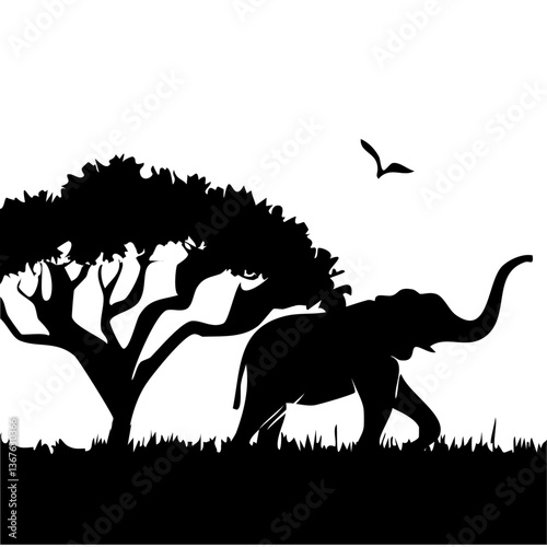 Obraz na płótnie silhouette of a elephant animal in the savannah. African landscape scene vector design w salonie