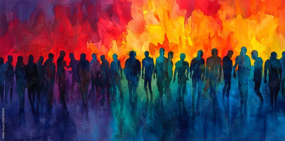 A zombie crowd is walking at night in a city street filled with fire and smoke, representing a Halloween concept in an illustration horror painting banner
