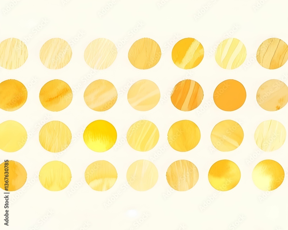 Fototapeta premium Watercolor circles overlapping in soft yellow tones, displaying textural variations and artistic vibrancy across pristine white background