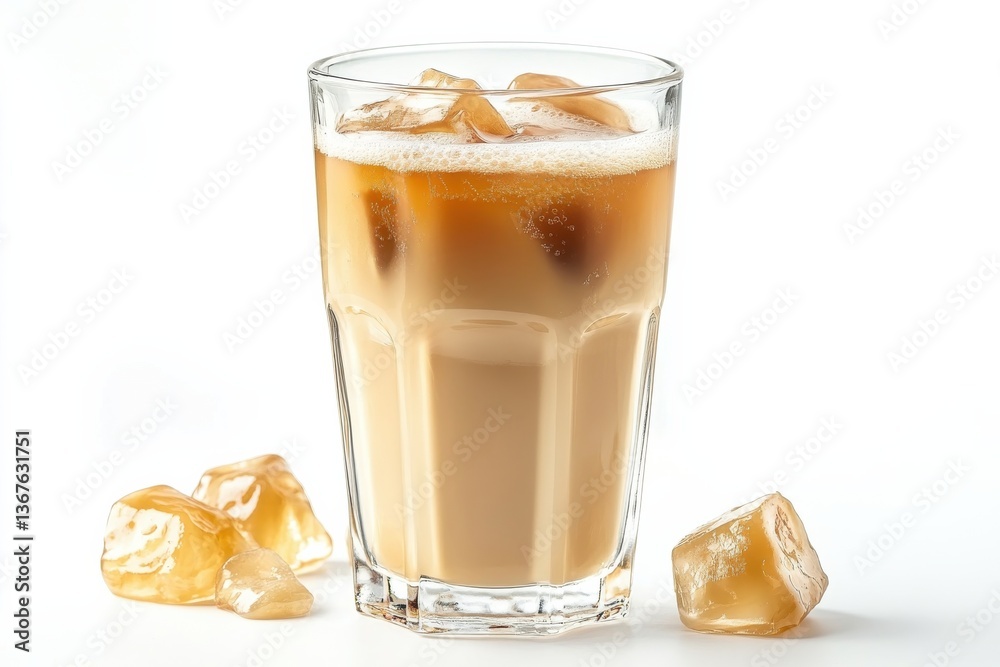 Delightful iced coffee with ice cubes served in a clear glass on a bright background isolated on transparent background Delightful iced coffee with ice cubes served in a clear glass on a bright background isolated on transparent background