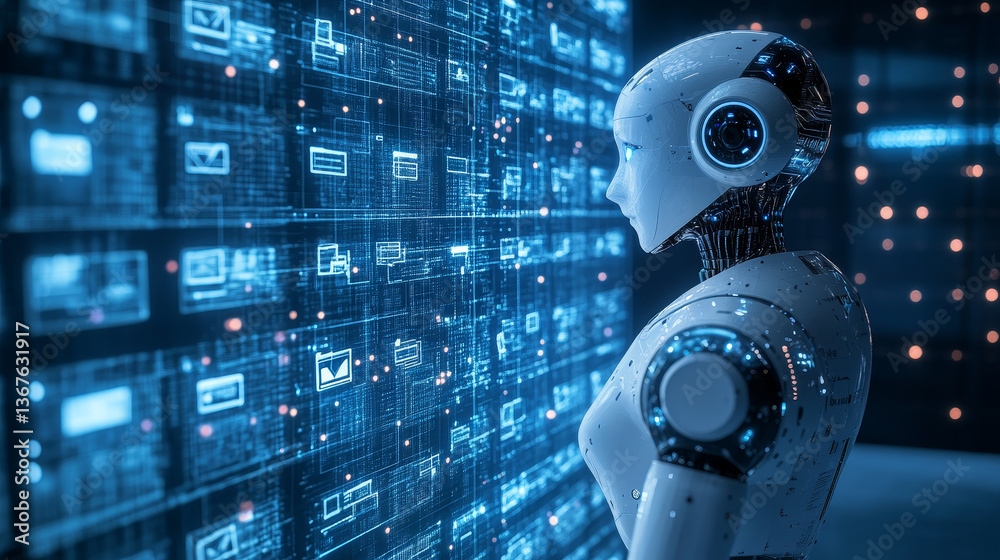 Isometric robots man with artificial intelligence working with a virtual interface in chatbot emails. Message online chat social text Illustration. Isometric robots man with artificial intelligence working with a virtual interface in chatbot emails. Message online chat social text Illustration.