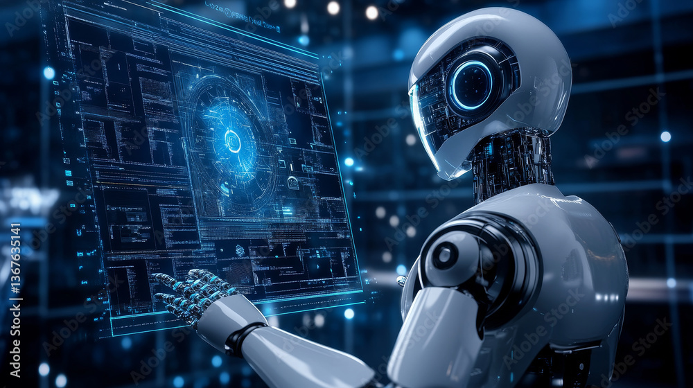 Industry 4.0 Cyber-Physical Systems concept. Isometric robot cyborg with artificial intelligence working on abstract hud virtual interface of human. Future science concept. Industry 4.0 Cyber-Physical Systems concept. Isometric robot cyborg with artificial intelligence working on abstract hud virtual interface of human. Future science concept.