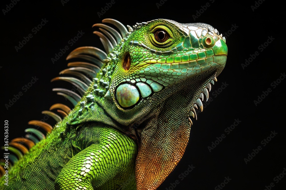 Green iguana standing tall, detailed scales, sharp eyes, ultra-realistic lighting, isolated.