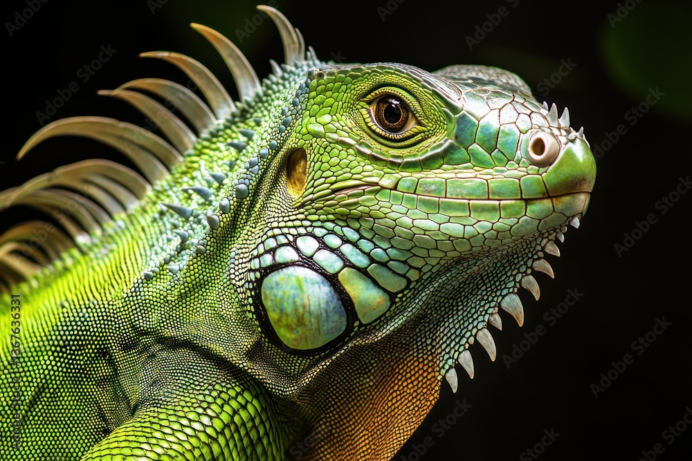 Fototapeta premium Green iguana standing tall, detailed scales, sharp eyes, ultra-realistic lighting, isolated.
