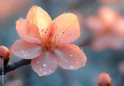  Delicate Pink Cherry Blossom with Water Droplets Against a Soft Blurred Background