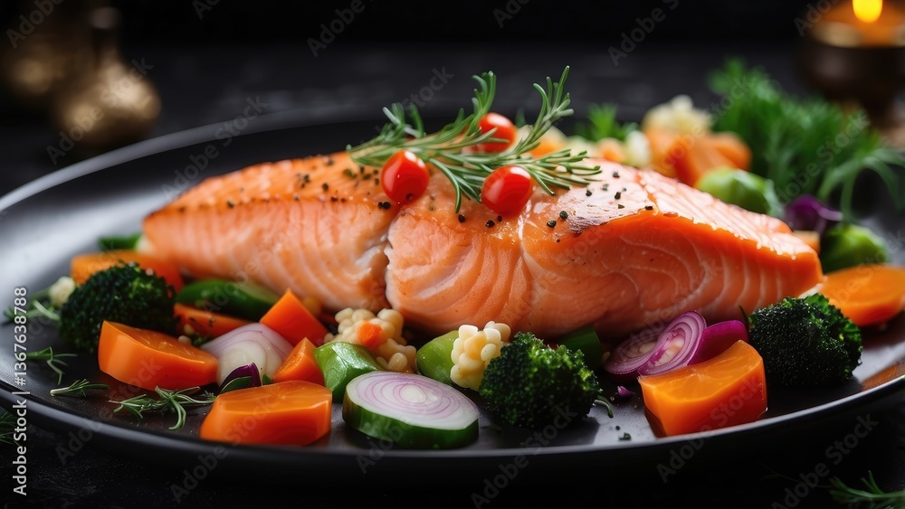 A beautifully plated dish featuring a seared salmon fillet on a dark round plate. A beautifully plated dish featuring a seared salmon fillet on a dark round plate.