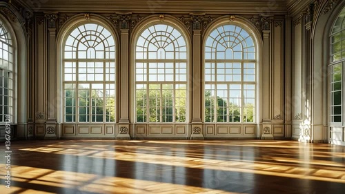 Elegant ballroom interior with large windows and hardwood floors bathed in soft sunlight