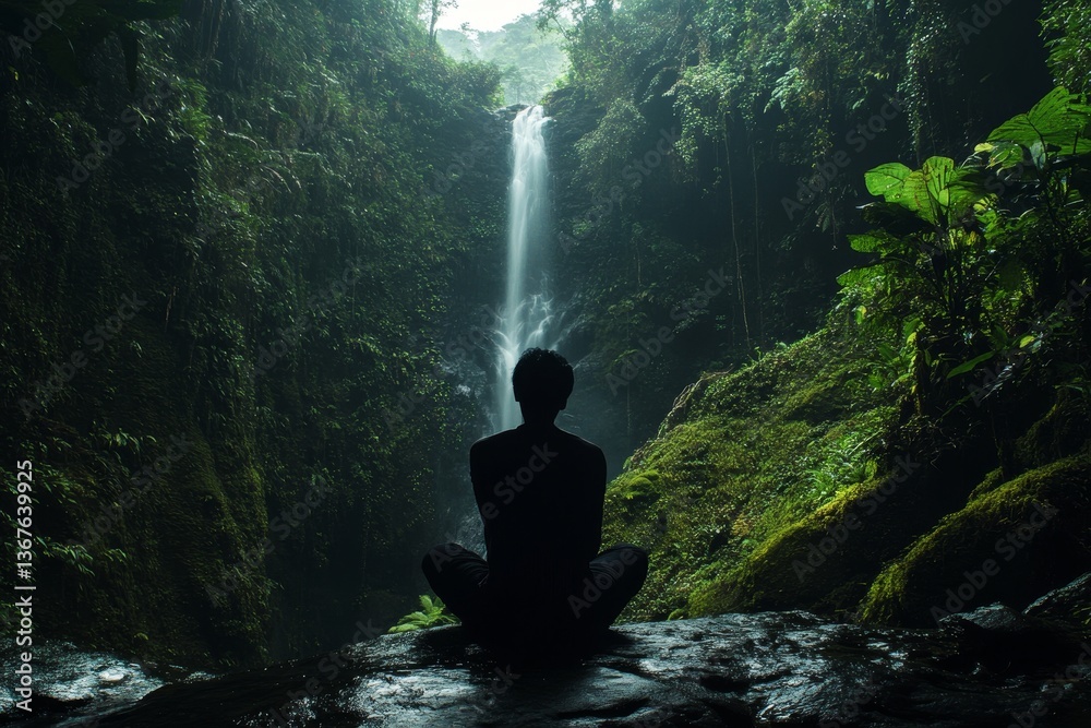 Obraz premium Meditating Person Waterfall Rainforest