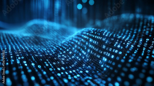 3D illustration of binary code cascading against a dark blue background, symbolizing data flow and digital connectivity. Ideal for tech and programming themes.