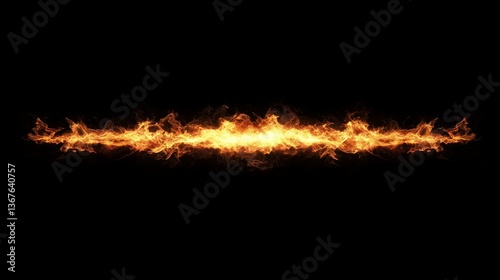 A horizontal line of bright orange and yellow fire on a stark black background.