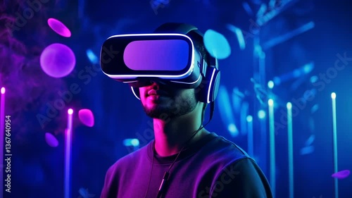 Immersive Virtual Reality Experience with Futuristic Headset in a Glowing Cyberpunk Environment